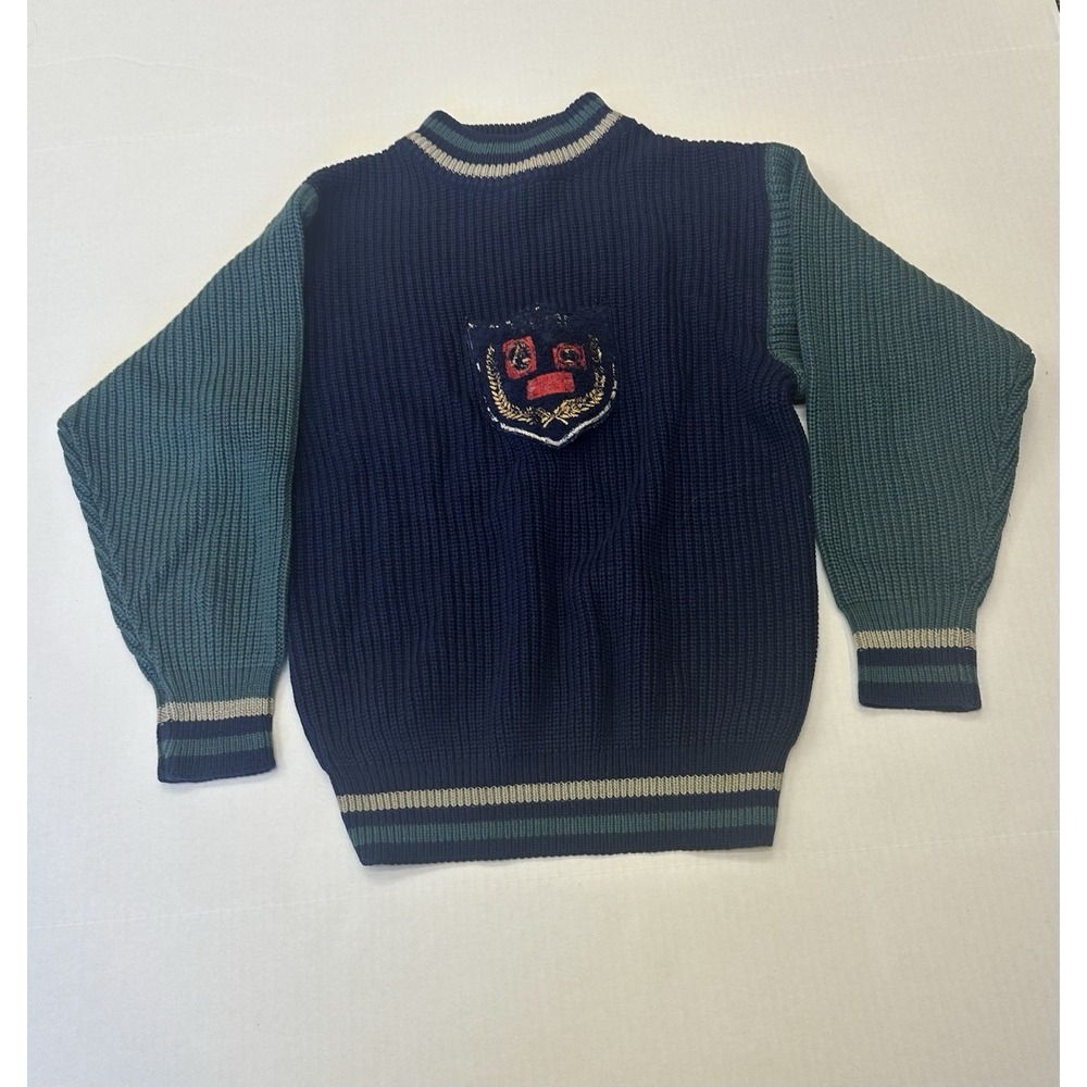 VTG Bugle Boy Youth 12/14 Ribbed Knit Sweater Colorblock Embroidery Crest 90's